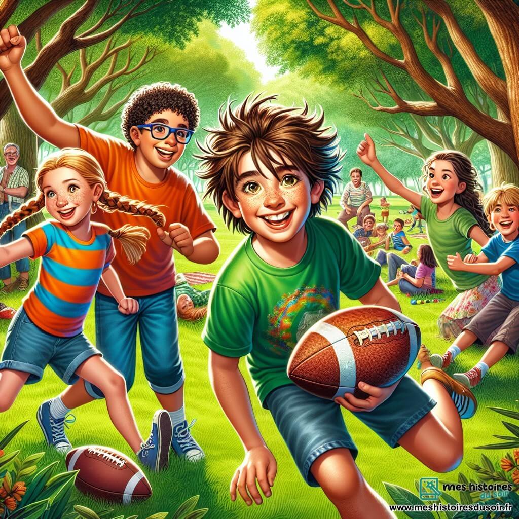 Illustration destinée aux enfants représentant un groupe d'enfants de 11 ans jouant ensemble dans un parc verdoyant, où de grands arbres aux feuilles éclatantes de vert offrent de l'ombre. Au centre, un garçon aux cheveux bruns en bataille, souriant et plein d'énergie, tient un ballon de football, tandis qu'une fille aux cheveux blonds tressés, vêtue d'un t-shirt coloré, s'apprête à tirer. À côté d'eux, un garçon aux lunettes et un autre avec des cheveux bouclés, tous deux riant et encourageant leurs amis, créent une atmosphère de camaraderie. En arrière-plan, des familles se rassemblent autour de tables de pique-nique, et des enfants jouent à des jeux, illustrant l'esprit de partage et de soutien qui règne dans cette scène joyeuse.