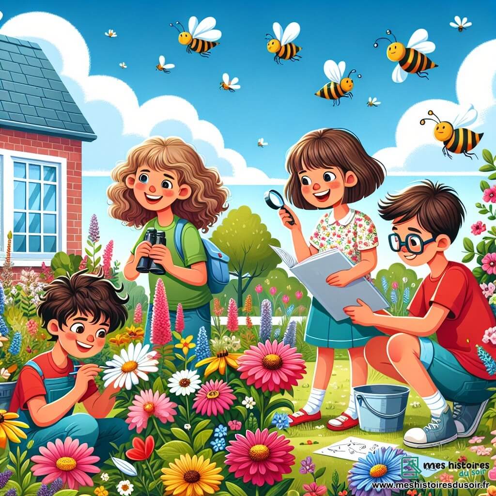 Illustration destinée aux enfants représentant un charmant jardin d'école en pleine floraison, où des fleurs sauvages aux couleurs vives s'épanouissent sous un ciel bleu clair, parsemé de quelques nuages blancs duveteux. Au centre, un groupe de quatre enfants de 11 ans, deux filles et deux garçons, s'affairent joyeusement : une fille aux cheveux châtain clair et bouclés, portant un t-shirt vert et un short en jean, observe attentivement un nid d'oiseau avec des jumelles ; une autre fille, aux cheveux bruns et lisses, vêtue d'une robe à fleurs, dessine des abeilles sur son carnet ; un garçon aux cheveux blonds et courts, en t-shirt rouge, s'agenouille pour arroser les plantes ; et un autre garçon, avec des lunettes et une casquette bleue, prend des notes sur une feuille. L'atmosphère est remplie de rires et de chants d'oiseaux, tandis que des abeilles bourdonnent autour des fleurs, illustrant le renouveau et la beauté du printemps.