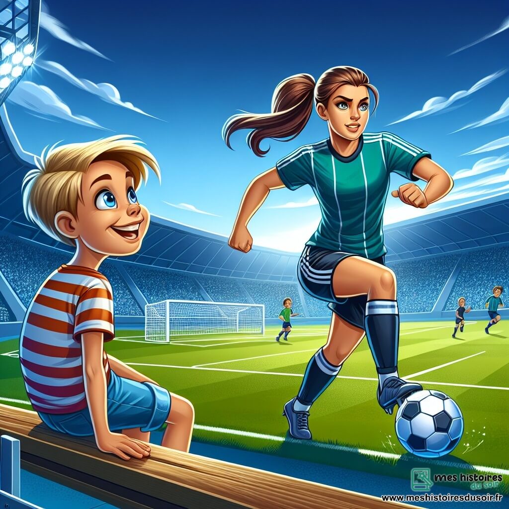 Une illustration sous forme de dessin destinée aux enfants représentant un stade de football vibrant sous un ciel bleu, avec une femme athlétique aux cheveux bruns en queue de cheval, dribblant le ballon avec détermination sur le terrain, tandis qu'un petit garçon aux cheveux blonds, assis sur un banc, l'observe avec admiration et enthousiasme, illustrant le moment où la footballeuse inspire le jeune garçon à croire en ses rêves et à surmonter ses peurs.