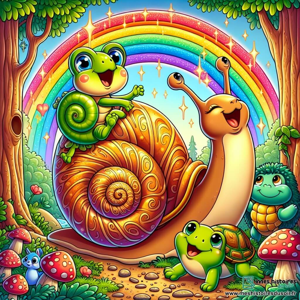 Une illustration sous forme de dessin destinée aux enfants représentant une forêt enchantée aux couleurs éclatantes, avec un escargot à la coquille brillante ornée de spirales dorées, se tenant courageusement au centre, entouré de ses amis : une grenouille verte aux yeux pétillants qui saute joyeusement, un hérisson aux piquants doux qui regarde avec curiosité, et une tortue sage au regard bienveillant, tandis qu'ils chantent et dansent autour d'un arc-en-ciel lumineux qui renaît, symbolisant l'amitié et la magie retrouvée.