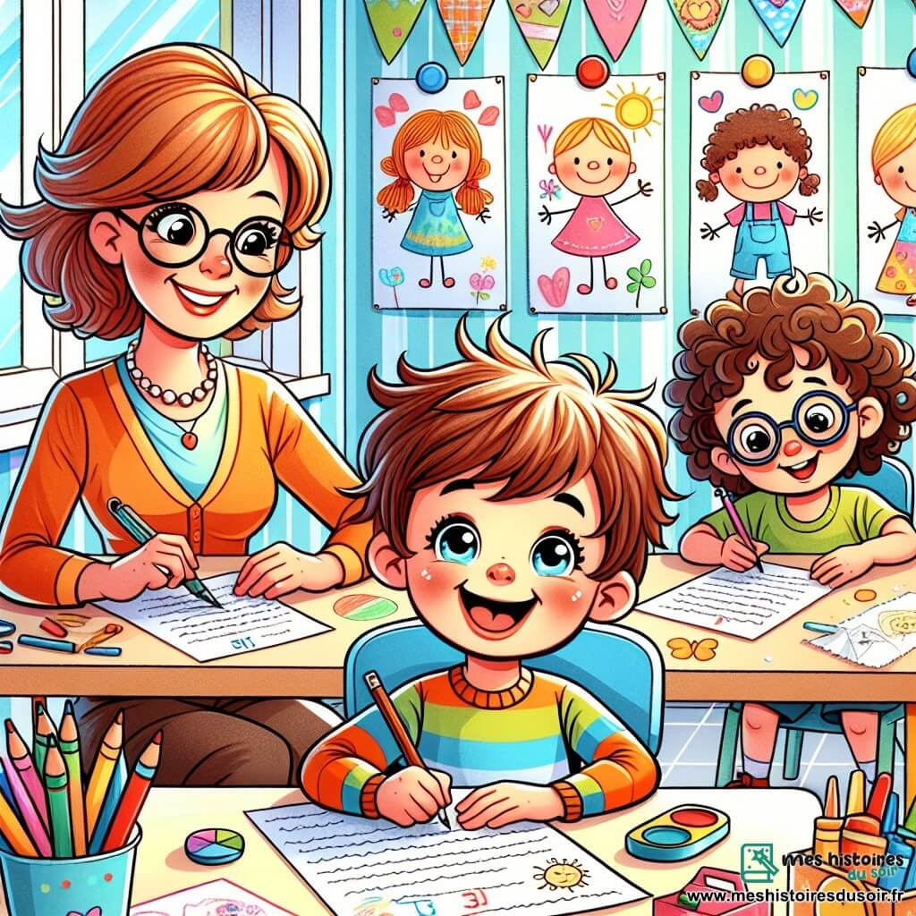 Une illustration sous forme de dessin destinée aux enfants représentant une salle de classe colorée et ensoleillée, avec des murs décorés de dessins d'enfants, où un petit garçon de 3 ans aux cheveux bruns en désordre et aux yeux pétillants, assis à un bureau, écrit avec enthousiasme une lettre sur une feuille de papier, tandis qu'une maîtresse souriante, une femme aux cheveux châtains et aux lunettes, l'observe avec bienveillance, et d'autres enfants, une petite fille aux cheveux bouclés et un garçon aux lunettes, fabriquent des cadeaux pour la fête des mères, créant une ambiance joyeuse et festive.