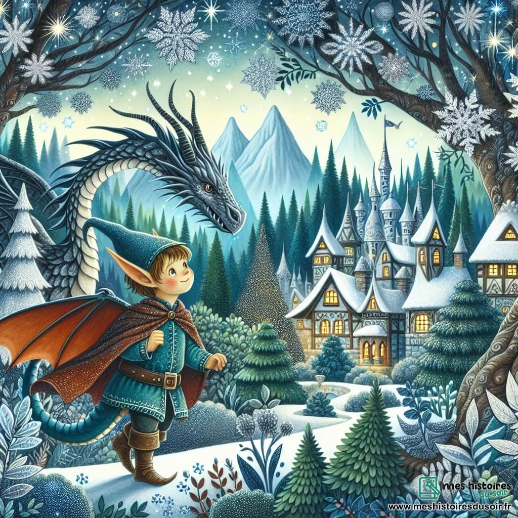 Une illustration destinée aux enfants représentant une elfe aux oreilles pointues, accompagnée d'un dragon majestueux, explorant une cité elfique magique nichée au cœur d'une forêt enchantée aux arbres aux feuilles argentées scintillantes.