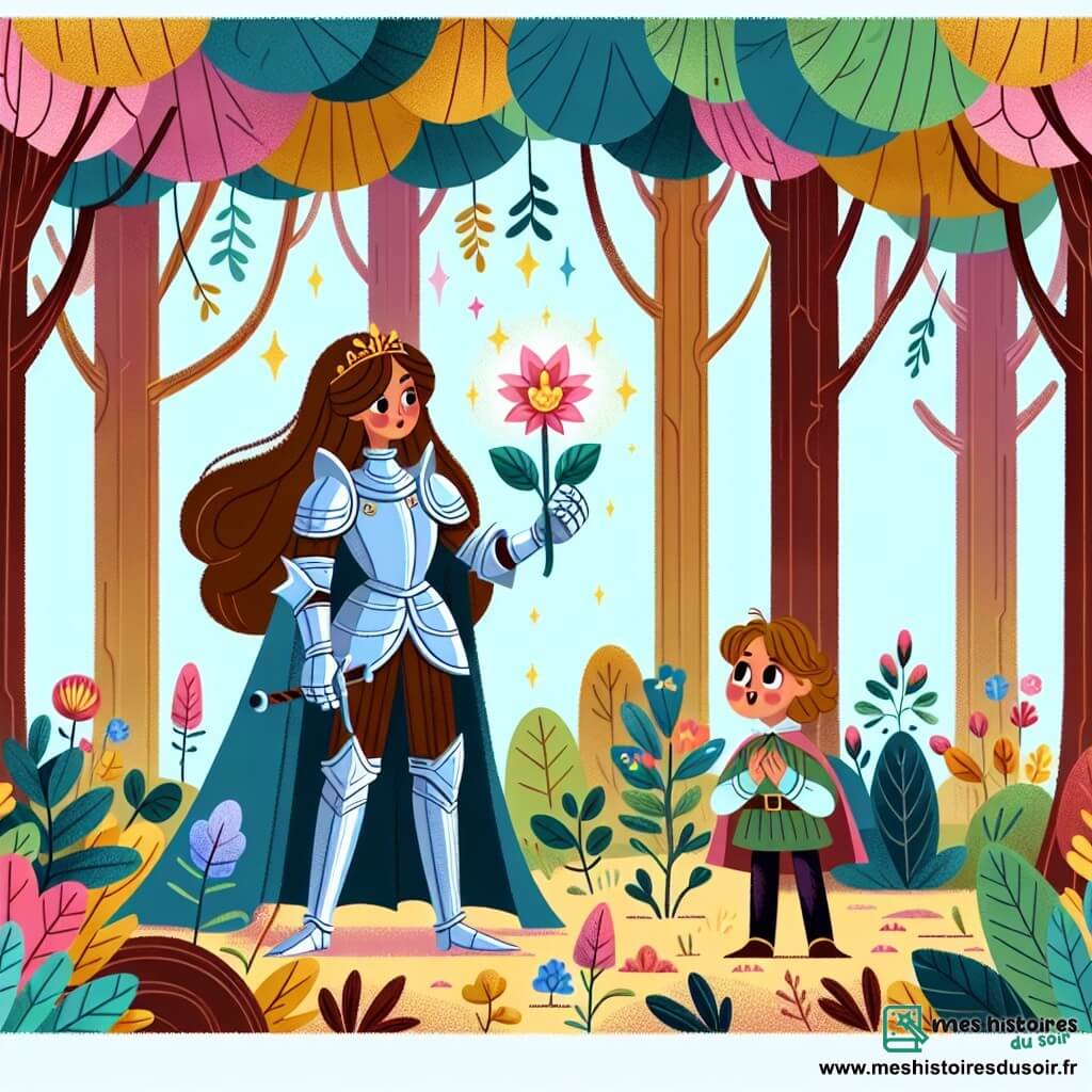 Une illustration sous forme de dessin destinée aux enfants représentant une forêt enchantée, avec des arbres aux troncs épais et des feuilles colorées, où se tient une courageuse chevaleresse aux longs cheveux bruns, vêtue d'une armure étincelante et tenant une fleur magique dans sa main, tandis qu'un petit garçon aux yeux brillants, portant un tabard d'écuyer, l'observe avec admiration, alors qu'ils viennent de découvrir la fleur qui peut sauver leur royaume d'une mystérieuse maladie.