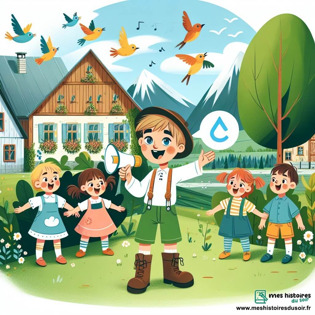 Une illustration destinée aux enfants représentant un garçon curieux et plein de vie, sensibilisant son entourage au changement climatique, accompagné de ses amis, dans un village paisible entouré de verdure et d'oiseaux chantants.