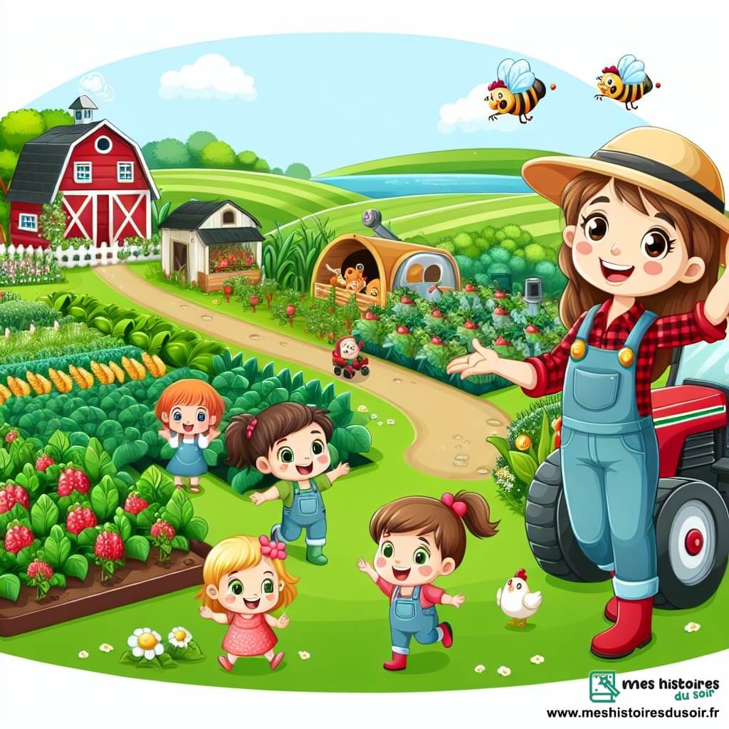 Une illustration destinée aux enfants représentant une jeune agricultrice passionnée, accompagnée d'un groupe d'enfants curieux, explorant la Ferme des Merveilles, avec ses champs verdoyants, son potager enchanté, son poulailler animé, ses ruches bourdonnantes et son tracteur rouge vif.