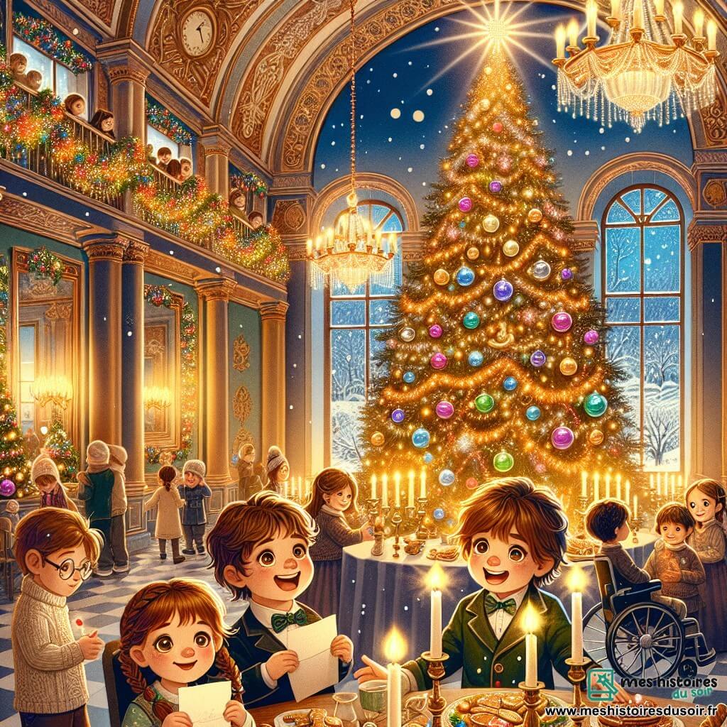 Illustration d'un grand hall d'orphelinat décoré pour Noël, avec des murs ornés de guirlandes scintillantes et de boules colorées, et un majestueux sapin illuminé au centre. La lumière douce des bougies crée une atmosphère chaleureuse. Au premier plan, un garçon de 10 ans aux cheveux châtains sourit en tenant une lettre, accompagné d'une fille de 9 ans avec des nattes et des lunettes, émerveillée. Un autre garçon, timide, d'environ 8 ans, se tient en retrait, tandis qu'une petite fille de 7 ans en fauteuil roulant sourit largement. La scène montre les enfants prêts à célébrer Noël ensemble, entourés de douceurs et de rires, avec des biscuits au pain d'épice et des tasses de chocolat chaud sur une table, tandis que des flocons de neige tombent à l'extérieur.