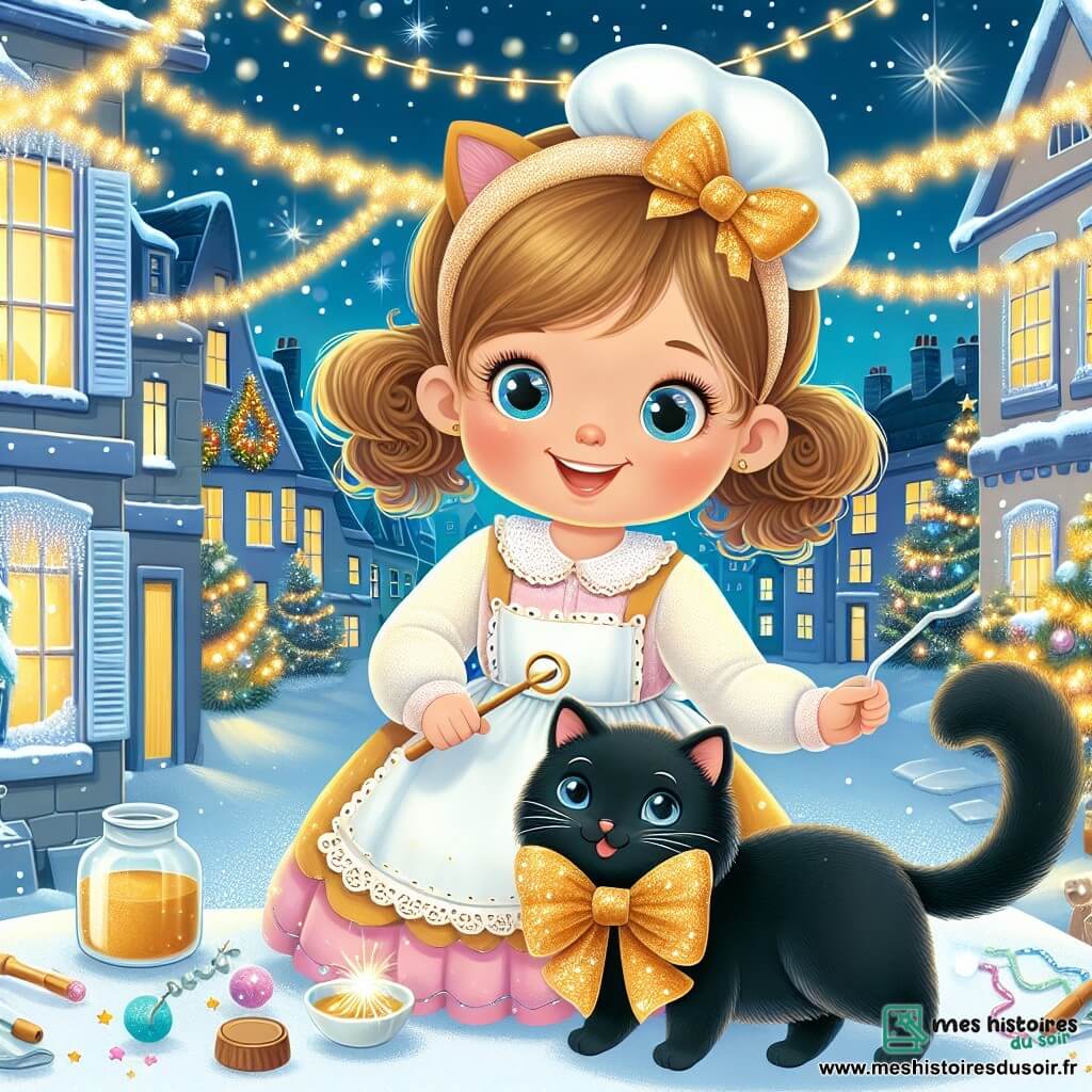 Une illustration destinée aux enfants représentant une fillette joyeuse et curieuse préparant une fête du nouvel an lumineuse, accompagnée d'un chat noir élégant portant un nœud papillon doré, dans un village festif aux rues décorées de guirlandes scintillantes et de maisons brillantes.