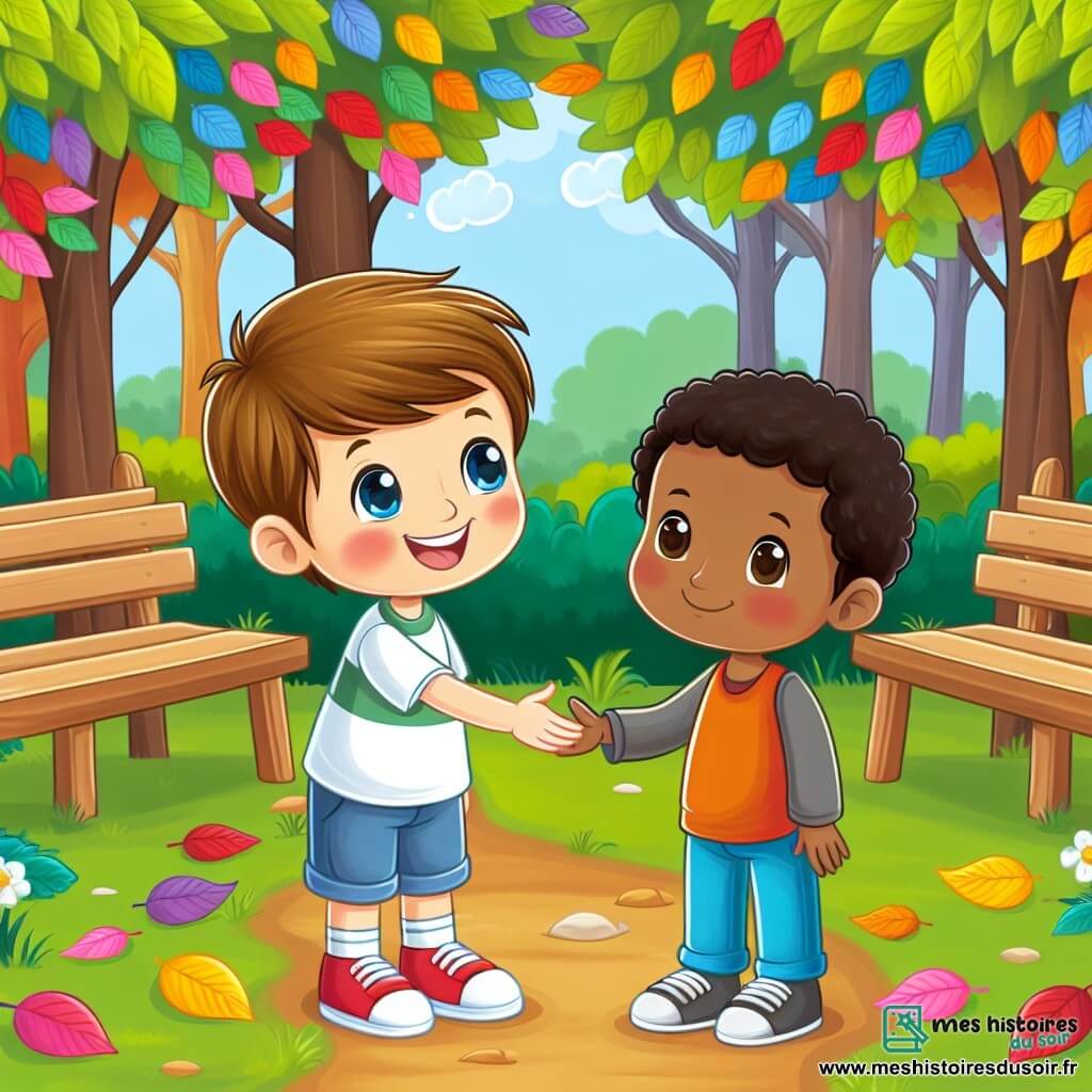 Une illustration destinée aux enfants représentant un jeune garçon au sourire éclatant, faisant la rencontre d'un nouvel ami différent de lui, dans un parc verdoyant avec des arbres aux feuilles multicolores et des bancs accueillants, symbolise une leçon sur la tolérance et l'acceptation de la diversité.