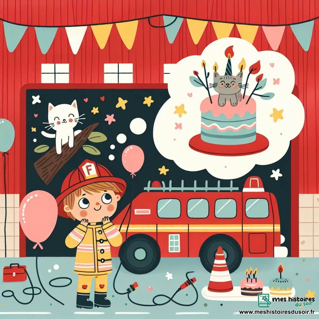 Une illustration destinée aux enfants représentant un petit garçon rêvant de devenir pompier, sauvant un chat coincé dans un arbre avec l'aide des pompiers, dans une caserne rouge vif décorée de ballons et de gâteaux.