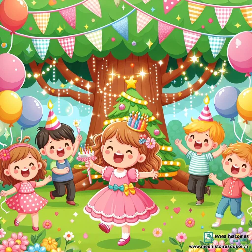 Une illustration destinée aux enfants représentant une petite fille joyeuse célèbrant son anniversaire avec ses amis dans un jardin enchanté rempli de ballons colorés, de guirlandes scintillantes et d'un arbre géant, accompagnée de ses parents complices.