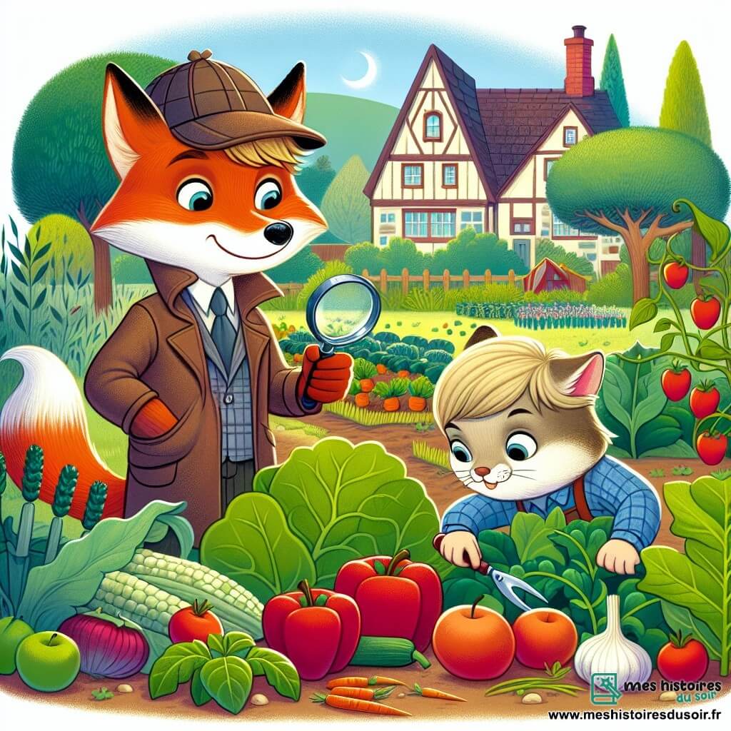 Une illustration destinée aux enfants représentant une jeune renarde détective, accompagnée d'un chat détective, résolvant un mystère dans un charmant jardin potager de la paisible ville de Pommeville.