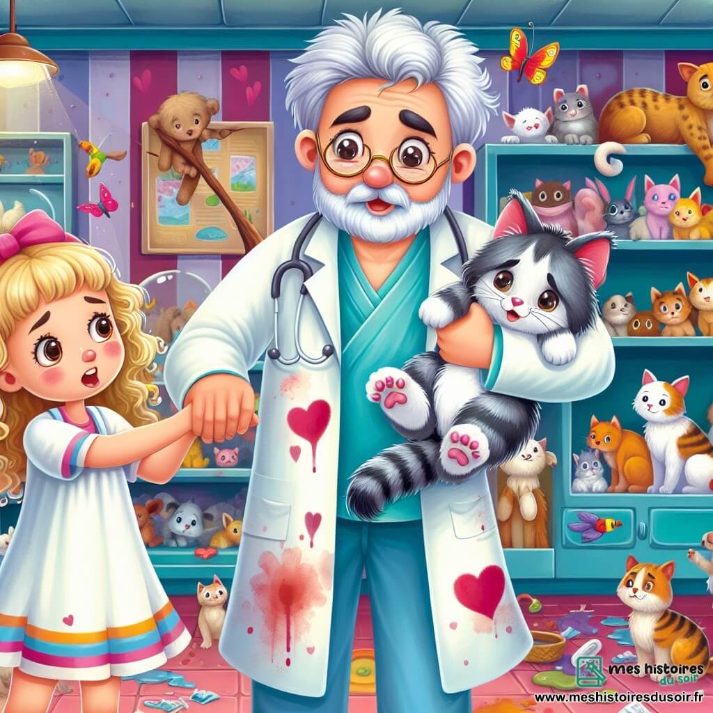 Une illustration destinée aux enfants représentant un vétérinaire passionné, en blouse blanche tachée d'amour, sauvant un chaton gris coincé dans un arbre avec l'aide d'une petite fille aux boucles blondes, dans un cabinet vétérinaire coloré et animé par des animaux farfelus.