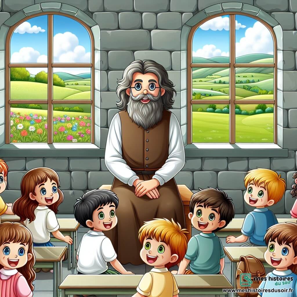 Une illustration destinée aux enfants représentant un instituteur bienveillant et sage, entouré d'enfants curieux et joyeux, dans une salle de classe en pierre ornée de grandes fenêtres laissant entrer la lumière du soleil et offrant une vue sur des champs verdoyants et des collines au loin.