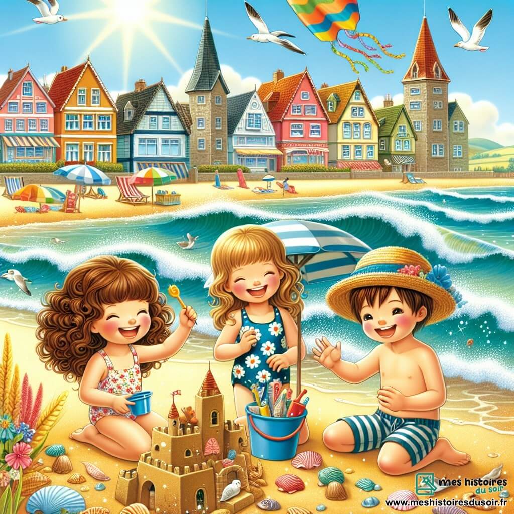 Illustration destinée aux enfants représentant une plage ensoleillée à Étoile-Plage, avec des maisons colorées en arrière-plan, des parasols rayés et des vagues scintillantes qui viennent lécher le sable doré. Au premier plan, un groupe de trois enfants de 11 ans : une fille aux cheveux bruns et bouclés, portant un maillot de bain à fleurs, qui rit en tenant un seau rempli de coquillages ; une autre fille aux cheveux blonds et lisses, vêtue d'un short et d'un t-shirt, qui s'apprête à construire un château de sable ; et un garçon aux cheveux châtains, portant un chapeau de paille, qui s'active à décorer le château avec des algues et des coquillages. En arrière-plan, des mouettes volent dans le ciel bleu, tandis qu'un cerf-volant en forme de dragon s'élève au-dessus d'eux, ajoutant une touche de magie à cette scène estivale joyeuse.
