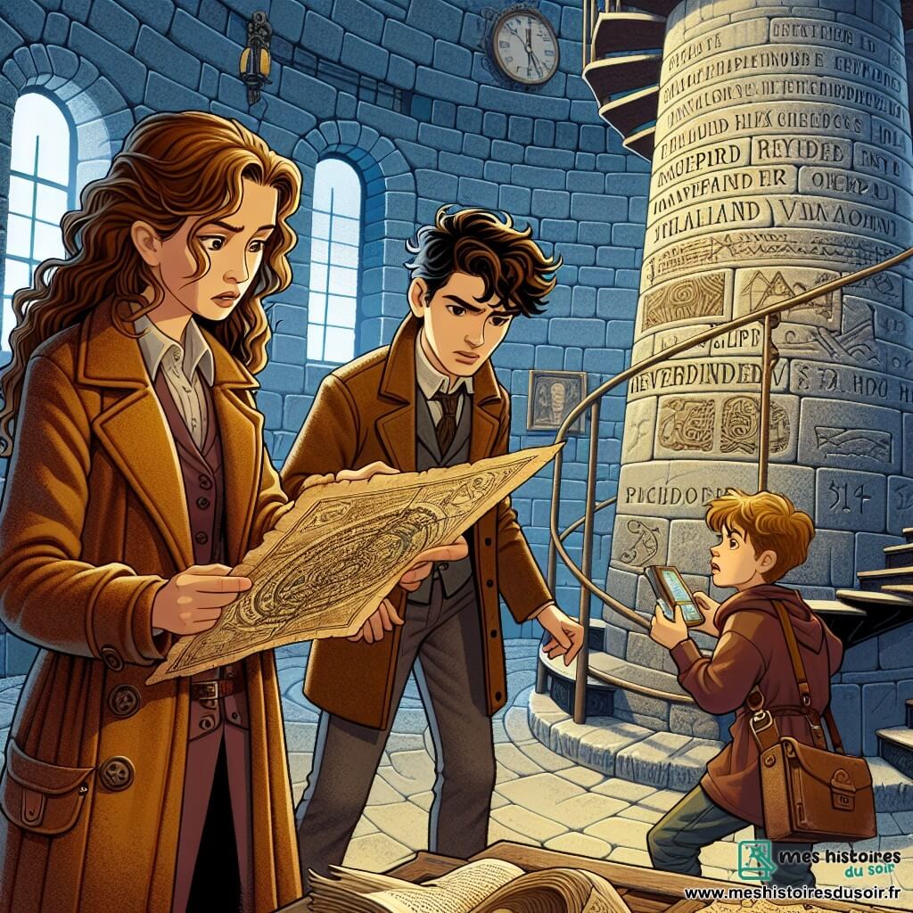 Une illustration sous forme de dessin destinée aux enfants représentant l'intérieur d'un vieux phare mystérieux, avec des murs en pierre et des escaliers en colimaçon, où une femme détective aux cheveux châtains ondulés, vêtue d'un manteau de cuir, examine attentivement une carte jaunie, tandis qu'un jeune homme aux cheveux ébouriffés, son assistant, observe avec curiosité, et un garçon aux traits déterminés, leur nouvel ami, scrute des inscriptions étranges sur les murs, tous trois plongés dans une enquête palpitante sur des disparitions mystérieuses et un trésor caché.