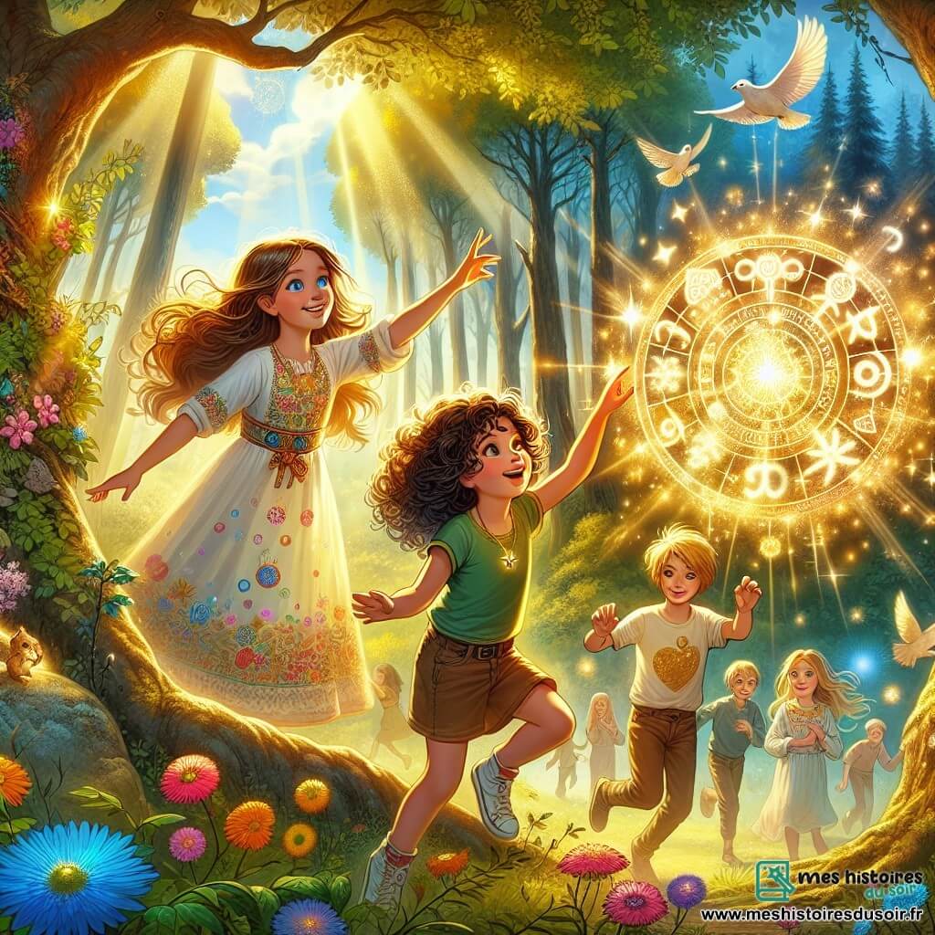 Illustration d'une clairière enchantée, lumineuse et entourée d'arbres majestueux aux feuilles vertes. Au centre, une grande pierre ornée de symboles scintillants émet une douce lueur. Trois enfants au premier plan : une fille de onze ans aux cheveux bouclés et bruns, en robe colorée, touchant la pierre avec émerveillement ; une autre fille de onze ans, avec des cheveux longs et lisses, en t-shirt et short, observant la scène avec curiosité ; et un garçon de douze ans, aux cheveux courts et blonds, en t-shirt et pantalon, dansant joyeusement. Les enfants découvrent la magie de l’égalité des genres, entourés d'éclats de lumière symbolisant inspiration et harmonie. En arrière-plan, des fleurs colorées et des oiseaux chantants créent une ambiance festive, tandis que d'autres enfants se rassemblent autour, écoutant avec intérêt.