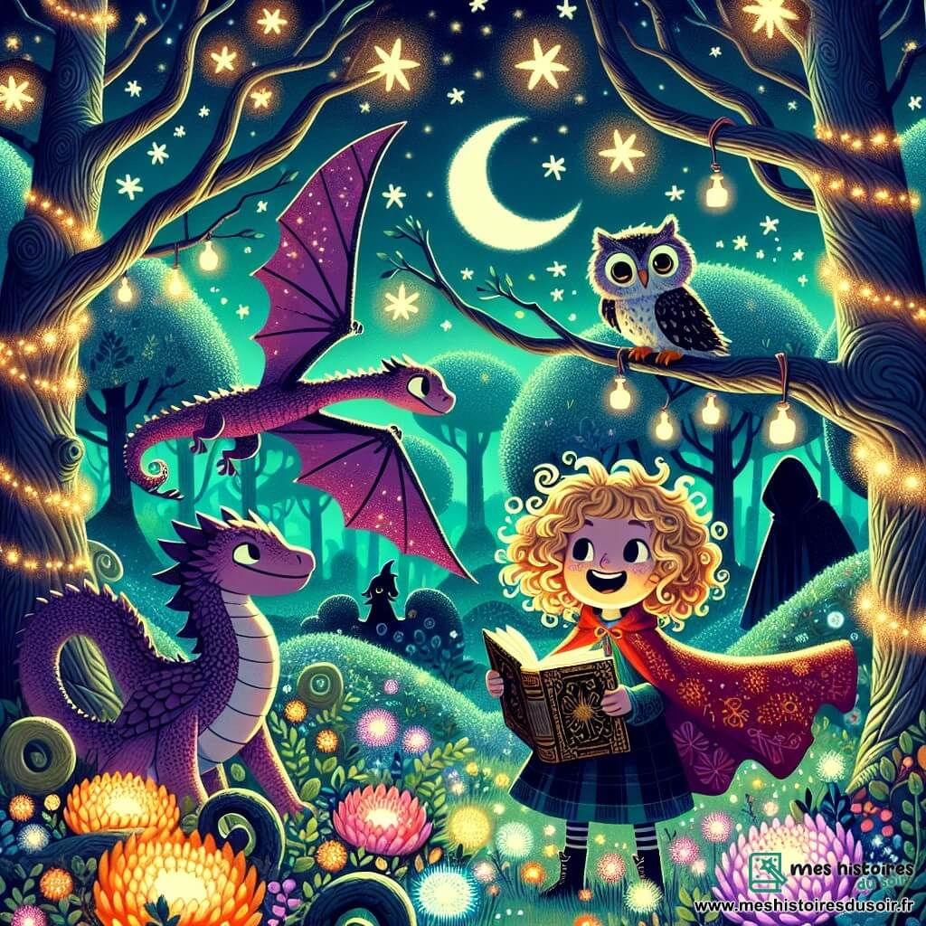 Illustration d'un parc enchanté de nuit, avec des arbres noueux scintillant sous la lune et des fleurs luminescentes colorées illuminant le sol. Au centre, une petite fille de 7 ans, cheveux bouclés et dorés, porte une cape rouge faite d'une vieille couverture. Elle sourit en tenant un livre ancien étoilé, tandis qu'un petit dragon aux écailles violettes vole joyeusement autour d'elle, ses ailes brillantes dans l'obscurité. Près d'eux, un hibou sage aux grands yeux ronds se perche sur une branche, observant la scène. La fille et le dragon semblent prêts pour l'aventure, entourés d'une aura magique, avec des étoiles scintillantes ajoutant du mystère et une ombre menaçante en arrière-plan, suggérant une aventure palpitante à venir.