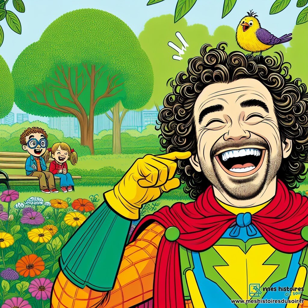 Une illustration sous forme de dessin destinée aux enfants représentant un parc ensoleillé avec des arbres verdoyants et des fleurs colorées, où un homme aux cheveux bouclés et au sourire éclatant, vêtu d'un costume de super-héros aux couleurs vives, fait une grimace comique avec un petit oiseau sur sa tête, tandis qu'un groupe d'enfants aux visages joyeux, un garçon aux lunettes et une fille avec des couettes, rient aux éclats en regardant la scène amusante, illustrant ainsi le pouvoir de l'amitié et de l'humour.