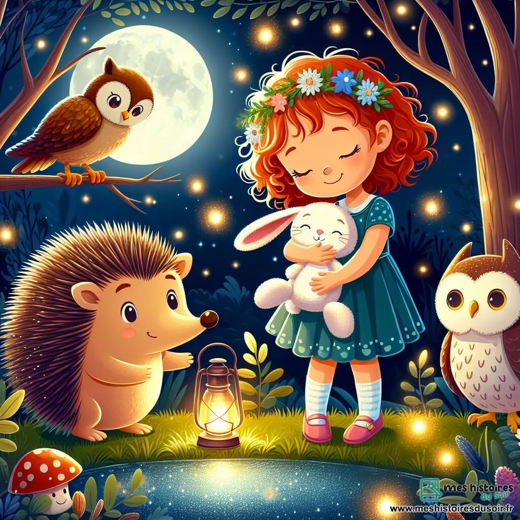 Une illustration sous forme de dessin destinée aux enfants représentant un jardin enchanté illuminé par la lune, avec une petite fille de 5 ans aux cheveux bouclés et roux, serrant son doudou lapin doux dans ses bras, tandis qu'un hérisson curieux aux piquants brillants et une chouette sage aux plumes dorées les observent, tous réunis autour d'un étang scintillant où dansent des lucioles, capturant l'instant magique de la recherche d'un doudou perdu dans la nuit.