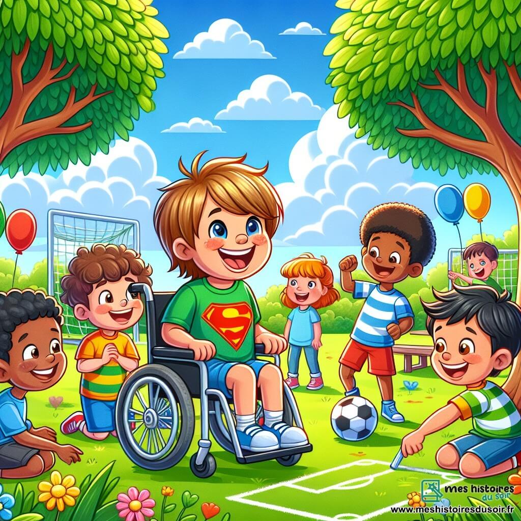 Illustration d'un parc ensoleillé avec de grands arbres aux feuilles vertes et un ciel bleu parsemé de nuages blancs. Au centre, un groupe d'enfants entoure un petit garçon en fauteuil roulant, âgé d'environ 8 ans, avec des cheveux blonds ébouriffés et un grand sourire, portant un t-shirt de super-héros. À côté, un garçon aux cheveux bruns lui explique les règles d'un jeu avec enthousiasme. Derrière, deux garçons de 9 ans, l'un à la peau claire et l'autre à la peau foncée, dessinent des lignes à la craie pour jouer au football. La scène respire la joie et l'inclusivité, avec des rires et des sourires, des ballons colorés flottant et des fleurs sauvages sur l'herbe. Cela évoque un moment de camaraderie où chacun est heureux de jouer ensemble, malgré leurs différences.