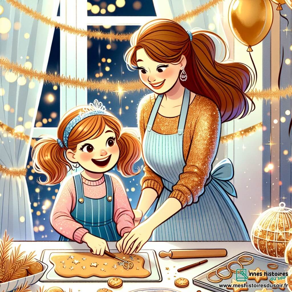 Une illustration destinée aux enfants représentant une fillette pleine d'énergie et d'imagination préparant une fête mémorable pour le réveillon du nouvel an, avec sa maman complice, dans une maison étincelante de guirlandes scintillantes et de ballons dorés.