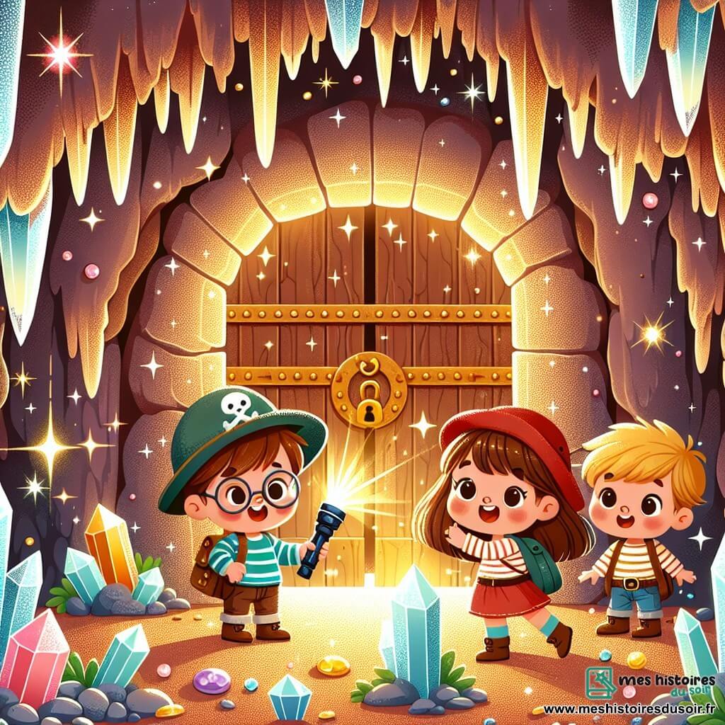 Illustration d'une grotte mystérieuse aux murs scintillants, ornés de cristaux brillants. À l'intérieur, une petite fille de 3 ans, avec de longs cheveux bruns et des yeux pétillants, tient une lampe torche d'une main et une carte au trésor de l'autre, affichant un grand sourire. À ses côtés, deux garçons d'environ 4 ans, l'un avec des cheveux blonds et des lunettes, l'autre avec des cheveux châtains et un chapeau de pirate, regardent la carte avec émerveillement. Ils se tiennent devant une grande porte en bois ornée de motifs anciens, prêts à découvrir le trésor caché. Des stalactites, des pierres précieuses sur le sol et une lueur dorée émanant de la porte ajoutent à l'ambiance magique de cette aventure.