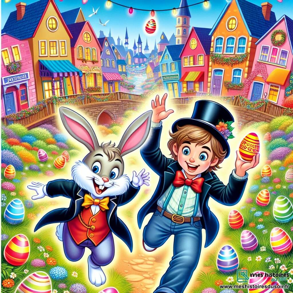 Une illustration destinée aux enfants représentant un garçon plein d'énergie participant à une chasse aux œufs de Pâques, accompagné d'un lapin en costume de magicien, dans le village coloré et animé de Joyeuxbourg.