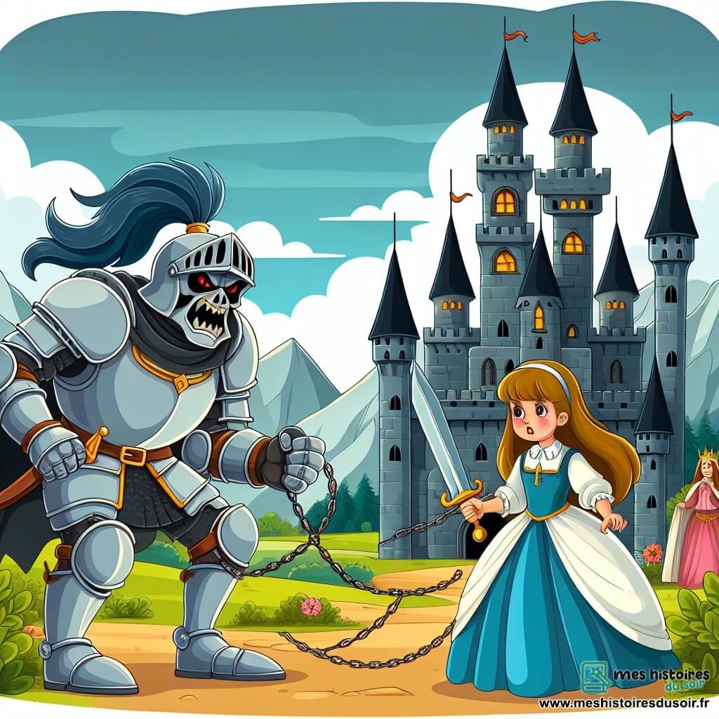 Une illustration destinée aux enfants représentant une chevalière courageuse, prête à affronter un château sombre et sinistre, accompagnée d'une princesse captive, dans un royaume lointain où les tours grimaçantes se dressent fièrement dans le paysage médiéval.