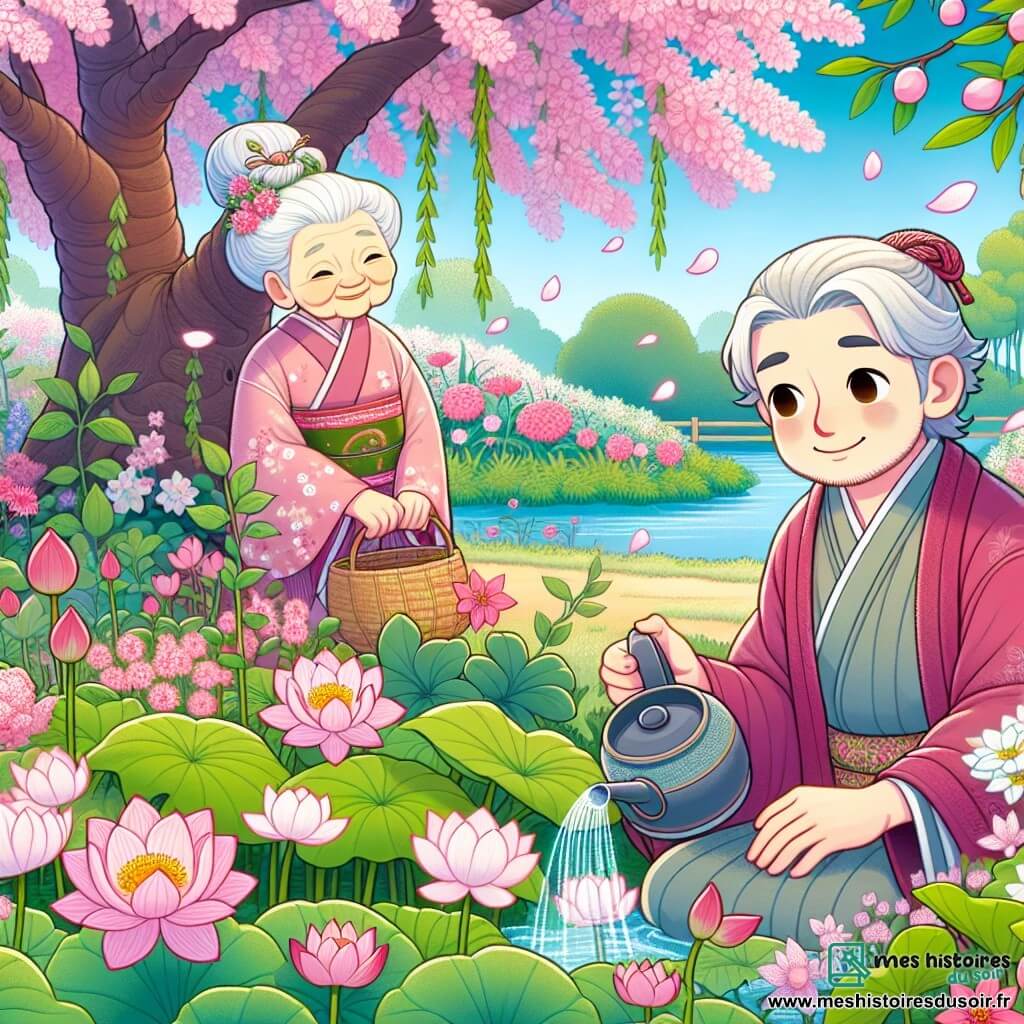Une illustration sous forme de dessin destinée aux enfants représentant un jardin luxuriant au Japon, rempli de cerisiers en fleurs aux pétales roses flottant dans l'air, où un homme au visage doux et souriant, vêtu d'un kimono traditionnel, s'agenouille pour arroser des plants de lotus, tandis qu'une vieille femme, avec des cheveux argentés et des yeux pétillants de sagesse, l'observe avec bienveillance, le tout dans une atmosphère magique où un léger vent fait danser les fleurs, symbolisant l'harmonie entre l'homme et la nature.