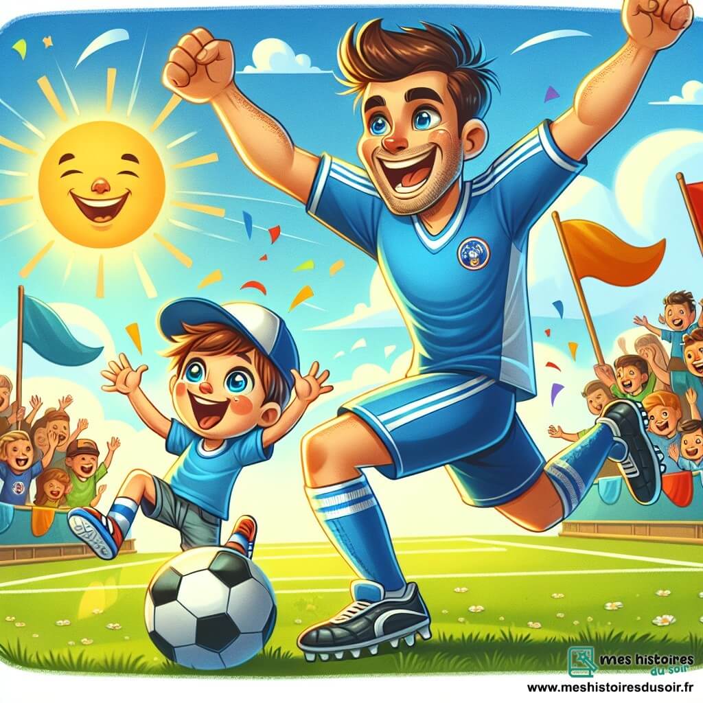 Une illustration sous forme de dessin destinée aux enfants représentant un terrain de football ensoleillé, avec un homme athlétique aux cheveux bruns et courts, portant un maillot de football bleu et des shorts, en train de dribbler le ballon avec un grand sourire sur le visage, tandis qu'un petit garçon aux yeux brillants, portant une casquette de l'équipe, saute de joie sur le bord du terrain, applaudissant son héros, et en arrière-plan, des spectateurs enthousiastes brandissent des drapeaux colorés, créant une atmosphère festive et dynamique.
