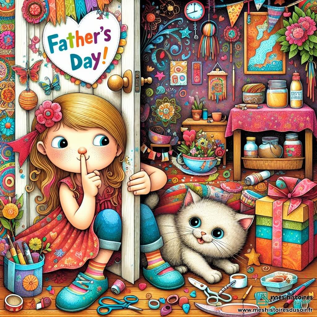 Une illustration destinée aux enfants représentant une fillette préparant secrètement un cadeau pour la fête des pères, avec l'aide complice de son chat, dans une chambre pleine de couleurs et de bricolages faits main.