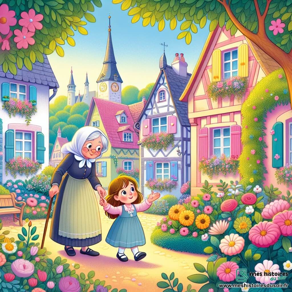 Une illustration destinée aux enfants représentant une fillette pleine de curiosité cherchant un cadeau pour sa maman chérie, accompagnée de sa grand-mère sage, dans un petit village aux maisons colorées et aux jardins fleuris de Chantefleur.
