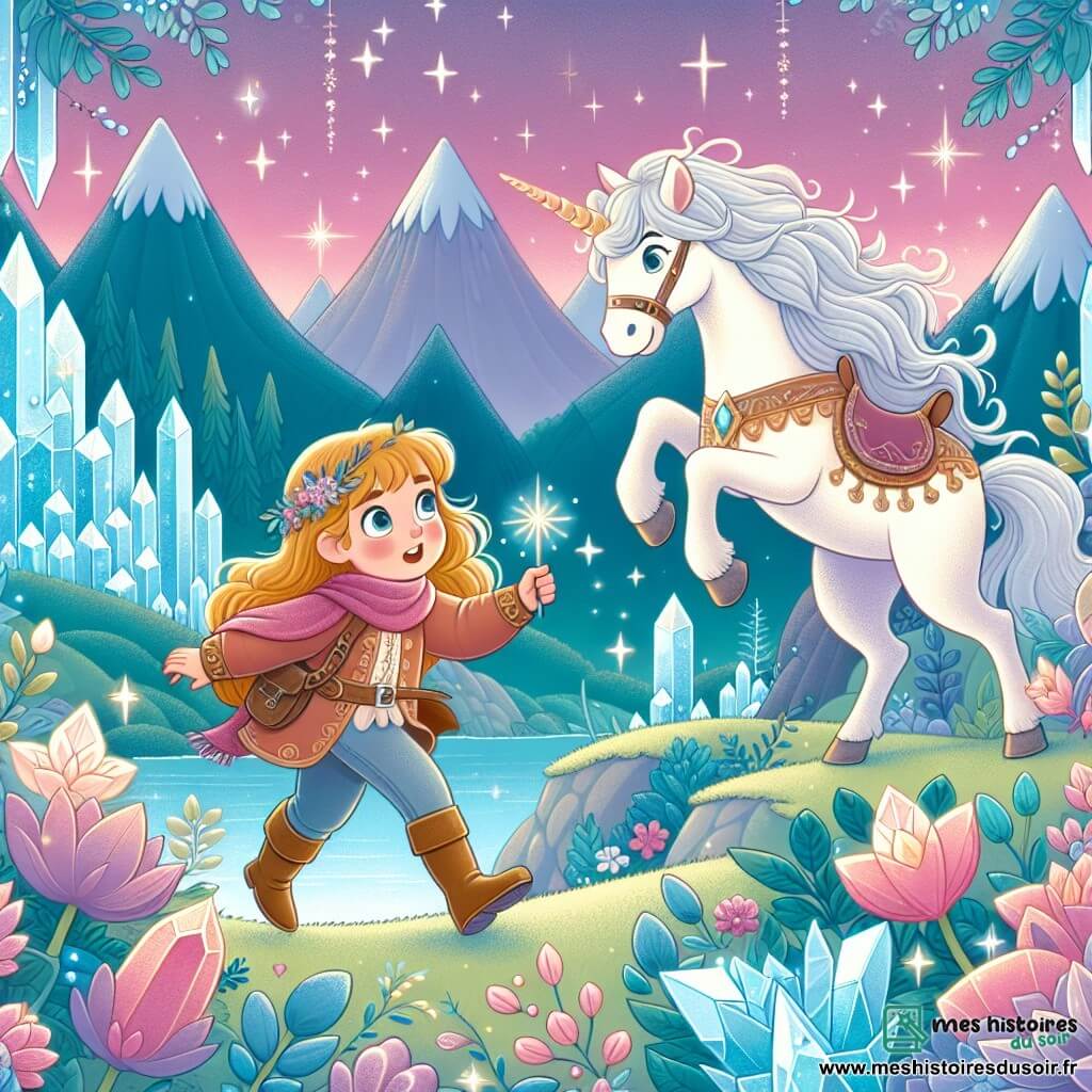 Une illustration destinée aux enfants représentant une jeune fille courageuse se lançant dans une quête féerique accompagnée d'une licorne majestueuse, dans un royaume enchanté aux cristaux étincelants et aux fleurs phosphorescentes.