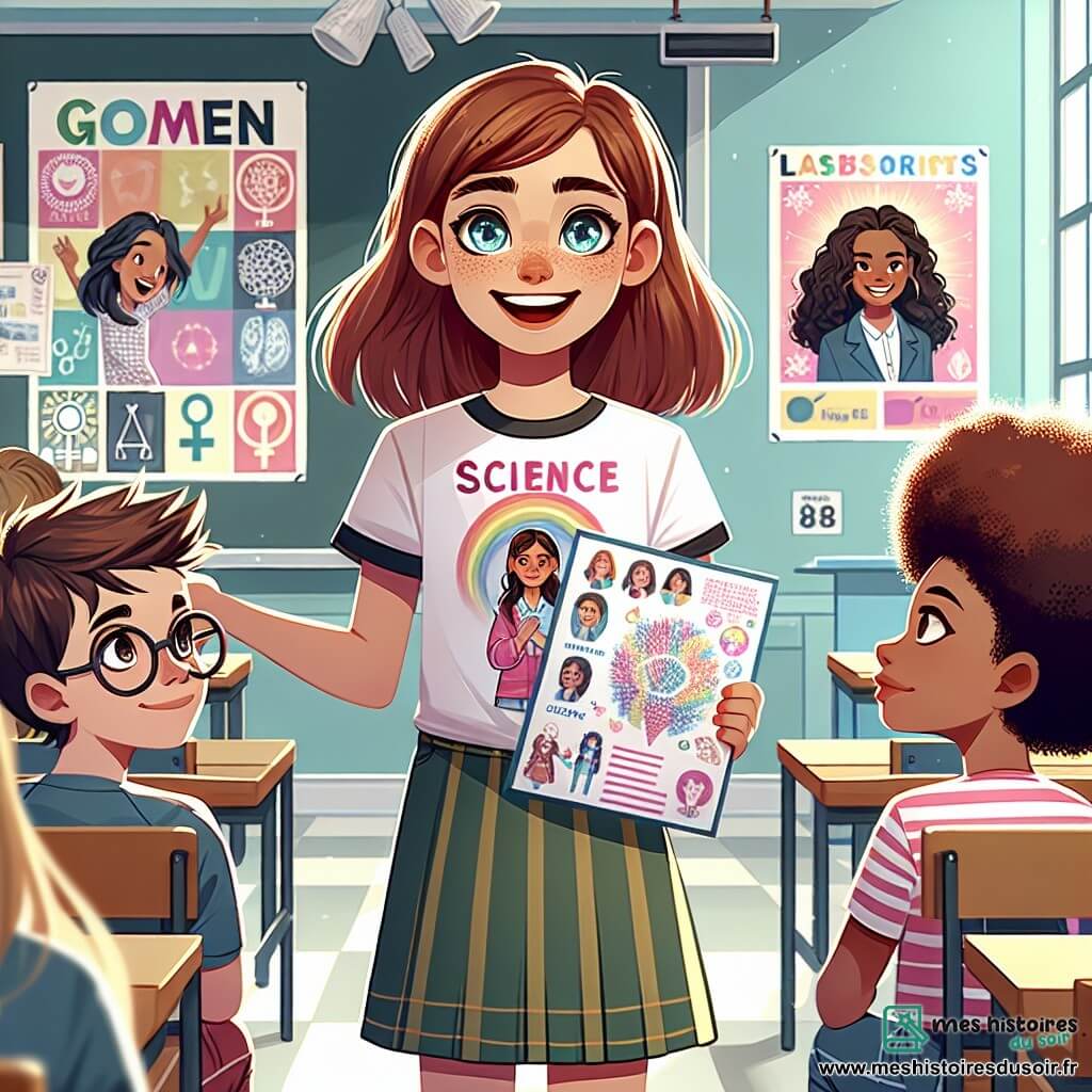 Une illustration sous forme de dessin destinée aux enfants représentant une salle de classe colorée et accueillante, avec des posters sur l'égalité des genres accrochés aux murs, où une fille de 12 ans aux cheveux châtains et aux yeux pétillants, vêtue d'un t-shirt aux motifs de sciences, se tient debout avec un grand sourire, présentant fièrement une affiche sur les femmes scientifiques, tandis qu'un garçon aux lunettes épaisses et une fille aux cheveux bouclés et à la tenue de sport l'écoutent attentivement, tous deux montrant de l'enthousiasme et de l'intérêt pour le sujet, illustrant ainsi l'importance de l'égalité des genres et la solidarité entre les élèves.