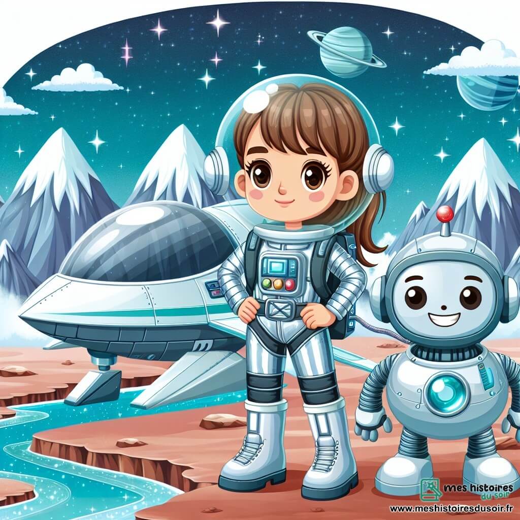 Une illustration destinée aux enfants représentant une femme aventurière, vêtue d'une combinaison spatiale brillante, se tenant devant son vaisseau spatial futuriste, prête à explorer les mystères de l'espace, accompagnée d'un robot compagnon souriant, sur une planète lointaine avec des montagnes aux sommets enneigés et des rivières scintillantes.