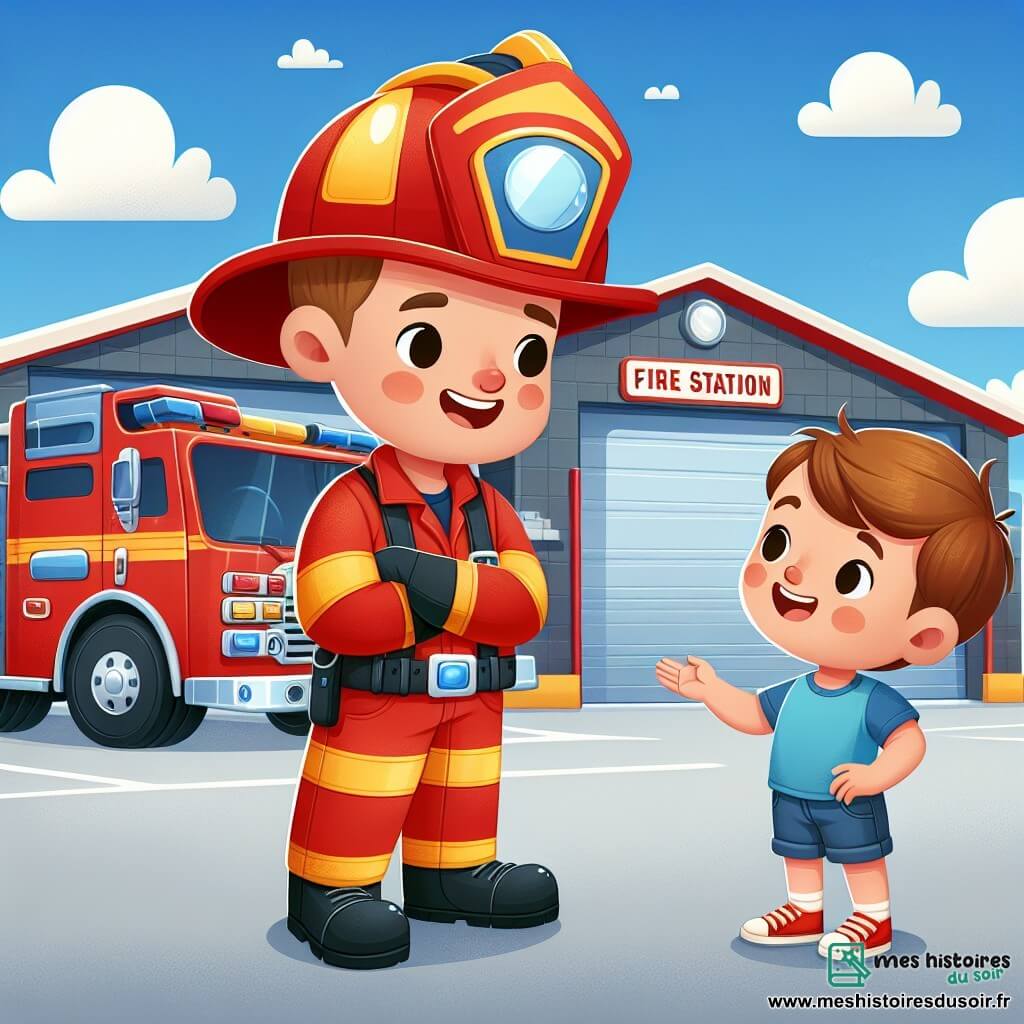 Une illustration sous forme de dessin destinée aux enfants représentant une caserne de pompiers colorée avec un grand camion rouge garé devant, un pompier homme au sourire chaleureux, portant un casque brillant et une veste rouge, en train de discuter joyeusement avec un petit garçon aux cheveux bruns, portant un t-shirt bleu et des shorts, qui regarde le pompier avec des yeux émerveillés, tandis qu'un ciel bleu éclatant et quelques nuages blancs flottent au-dessus d'eux, capturant l'esprit d'aventure et de camaraderie dans le monde des pompiers.