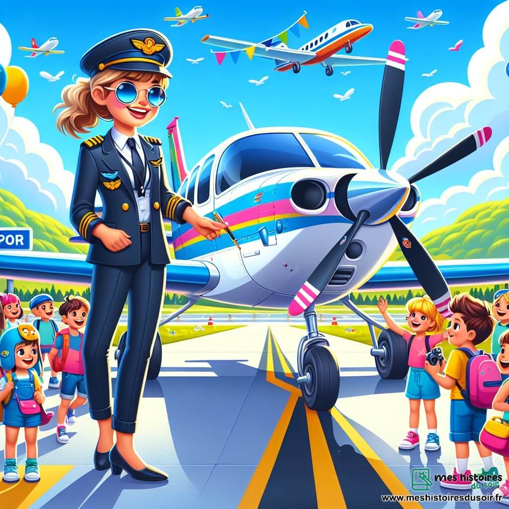 Illustration d'un aéroport ensoleillé avec des avions colorés sur le tarmac et des nuages cotonneux dans un ciel bleu. Au premier plan, une femme pilote souriante en combinaison bleu marine, lunettes de soleil et chapeau, se tient près de son bimoteur argenté "L'Étoile du Ciel", vérifiant les instruments avec concentration. Autour d'elle, une dizaine d'enfants de 8 à 10 ans, aux cheveux colorés et vêtements vifs, expriment leur excitation en sautant, en pointant l'avion ou en prenant des photos. La scène respire la joie et l'anticipation, avec des ballons et des drapeaux colorés. En arrière-plan, des montagnes verdoyantes ajoutent une touche de magie à cette aventure aérienne.