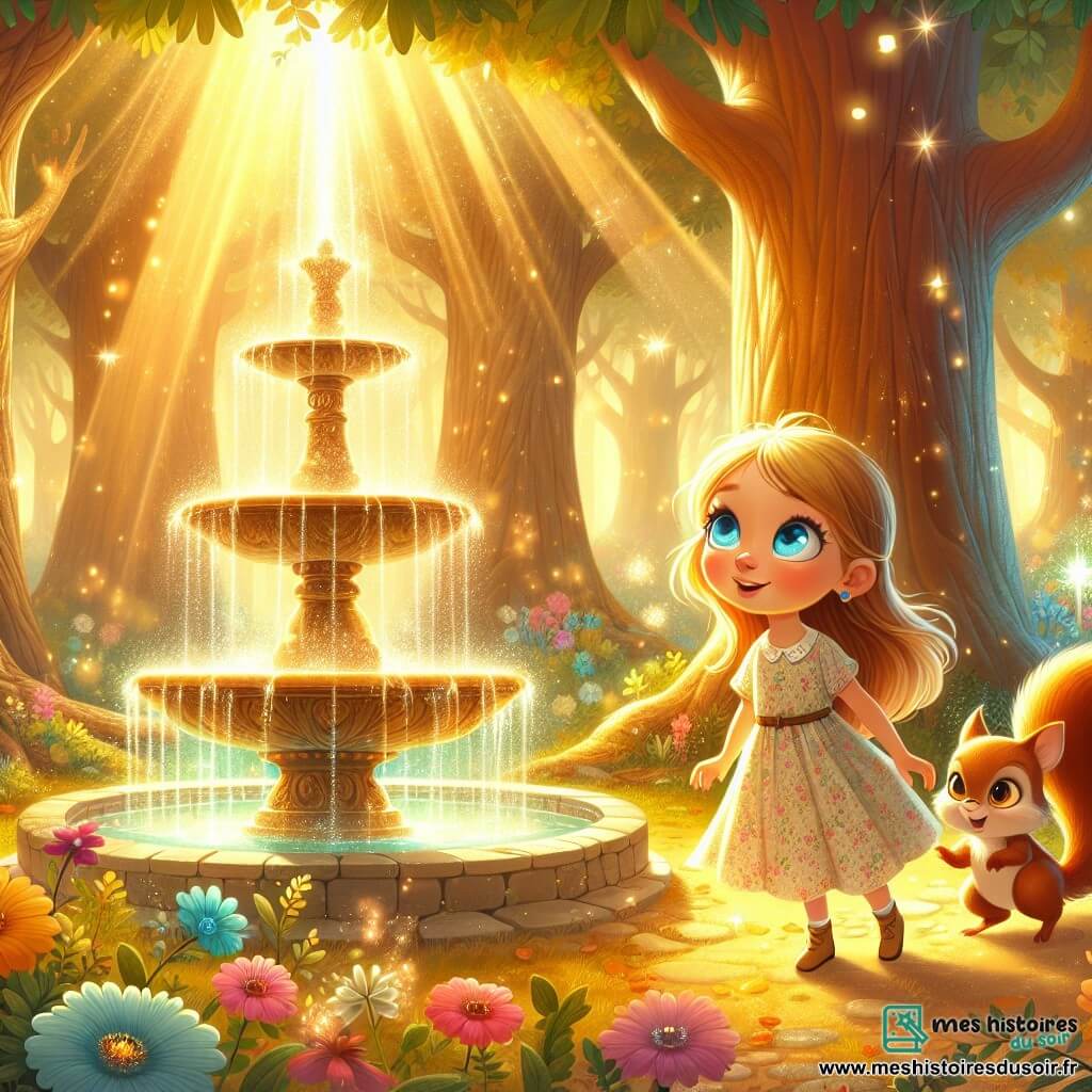 Illustration d'une clairière enchantée, baignée de lumière dorée, entourée d'arbres majestueux aux troncs épais et aux feuilles scintillantes. Des fleurs colorées dansent au gré du vent, tandis qu'une fontaine étincelante trône au centre, projetant des gouttelettes de lumière comme des diamants. Au premier plan, une fille de 7 ans, aux cheveux blonds, porte une robe légère aux motifs floraux. Ses yeux bleus pétillent d'émerveillement alors qu'elle observe la fontaine avec un sourire radieux, tenant une clé scintillante, symbole de son aventure. À ses côtés, un petit écureuil aux grandes oreilles et à la fourrure rousse grimpe joyeusement sur une branche, prêt à l'accompagner. La scène montre la fille, curieuse et déterminée, devant la fontaine magique, prête à plonger dans l'inconnu, entourée d'éclats de lumière et d'étoiles scintillantes, ajoutant une touche de magie.