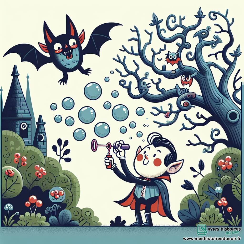 Une illustration destinée aux enfants représentant un vampire rigolo faisant des bulles de savon avec une chauve-souris complice, dans un village des vampires aux maisons biscornues cachées derrière des arbres aux branches tordues et aux jardins luxuriants.