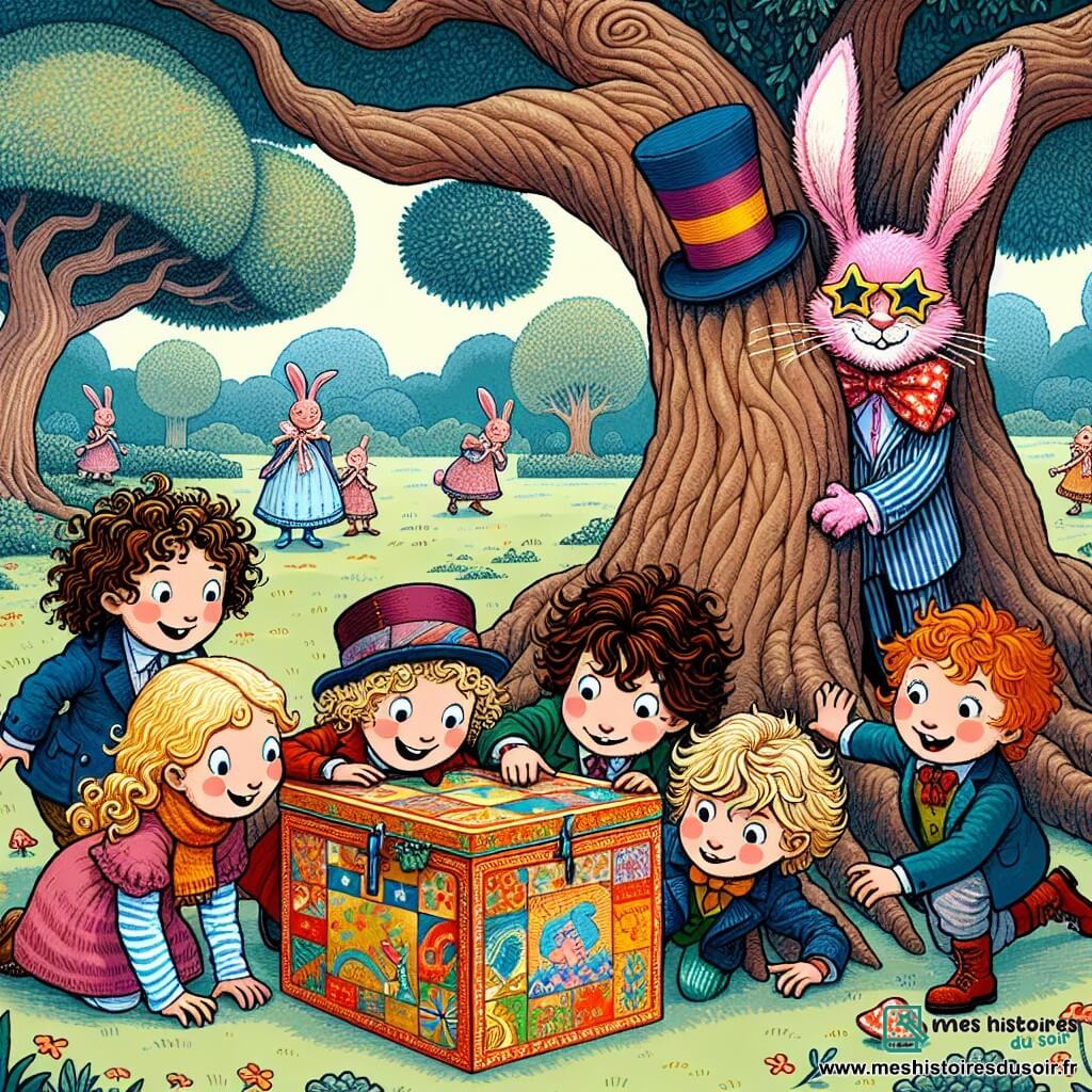 Une illustration sous forme de dessin destinée aux enfants représentant un parc coloré avec un grand chêne centenaire, où un groupe de quatre enfants de 9 ans (deux filles aux cheveux bouclés et blonds, une fille aux cheveux bruns et lisses, et un garçon aux cheveux châtains et ébouriffés) se penche avec curiosité sur une boîte mystérieuse ornée de motifs fantastiques, tandis qu'un lapin rose géant portant un chapeau haut de forme et des lunettes de soleil en forme d'étoile les observe avec un sourire malicieux, créant une ambiance ludique et absurde, pleine de magie et d'émerveillement.