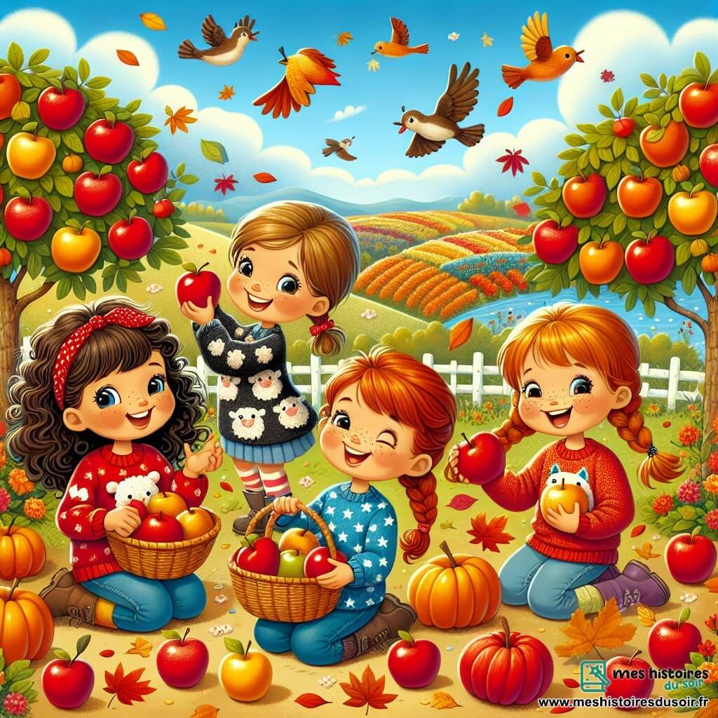 Illustration d'un verger en automne, avec des pommiers chargés de pommes rouges et dorées, entourés de feuilles vives : rouges, oranges et jaunes. Au premier plan, quatre petites filles de cinq ans, joyeuses et souriantes. La première, brune avec des boucles, porte un pull rouge à motifs de moutons et cueille une pomme. La deuxième, blonde avec des tresses, est en pull bleu étoilé et tient un panier plein de pommes. La troisième, rousse avec des taches de rousseur, porte un pull jaune vif et rit en montrant une pomme. La dernière, châtain avec une queue de cheval, est en pull vert et s'accroupit pour ramasser une feuille colorée. En arrière-plan, le ciel est bleu avec des nuages blancs et des oiseaux volent. Des citrouilles décoratives sont dispersées sur le sol, ajoutant une touche festive.
