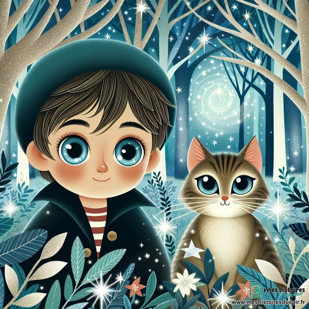 Une illustration destinée aux enfants représentant un petit garçon aux grands yeux brillants, en compagnie d'un chat mystérieux, dans une forêt enchantée aux arbres scintillants et aux feuilles murmures.