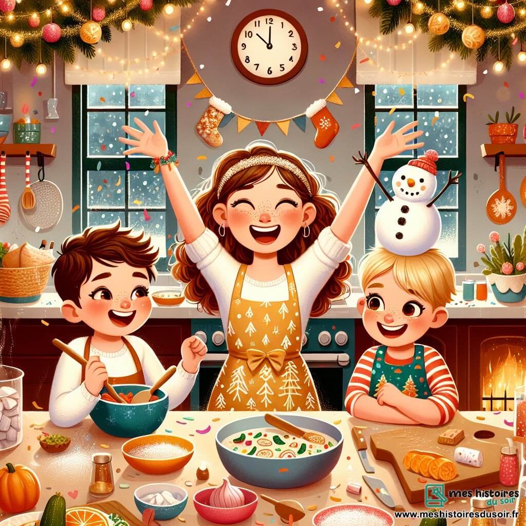 Illustration destinée aux enfants représentant une chaleureuse cuisine décorée pour le Nouvel An, avec des guirlandes scintillantes et une grande table chargée de plats colorés. Au centre, une fille de 11 ans, aux cheveux châtains bouclés, portant un tablier doré, rit en mimant un sketch de cuisine, les bras en l'air, tandis qu'un petit garçon de 4 ans, aux cheveux blonds et aux yeux pétillants, se tient à ses côtés, tenant un bonhomme en guimauve avec un sourire malicieux. En arrière-plan, une maman souriante, vêtue d'un tablier à motifs de sapins, prépare des légumes, ajoutant une touche de chaleur à cette scène festive. Des confettis flottent dans l'air, et une horloge sur le mur indique que le compte à rebours pour la nouvelle année est sur le point de commencer.