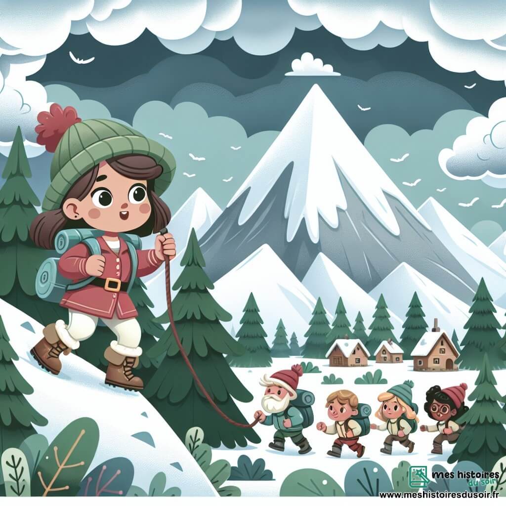 Une illustration destinée aux enfants représentant une petite aventurière courageuse défiant une montagne enneigée avec l'aide de ses amis, dans un village pittoresque entouré de sapins verdoyants et de nuages menaçants.