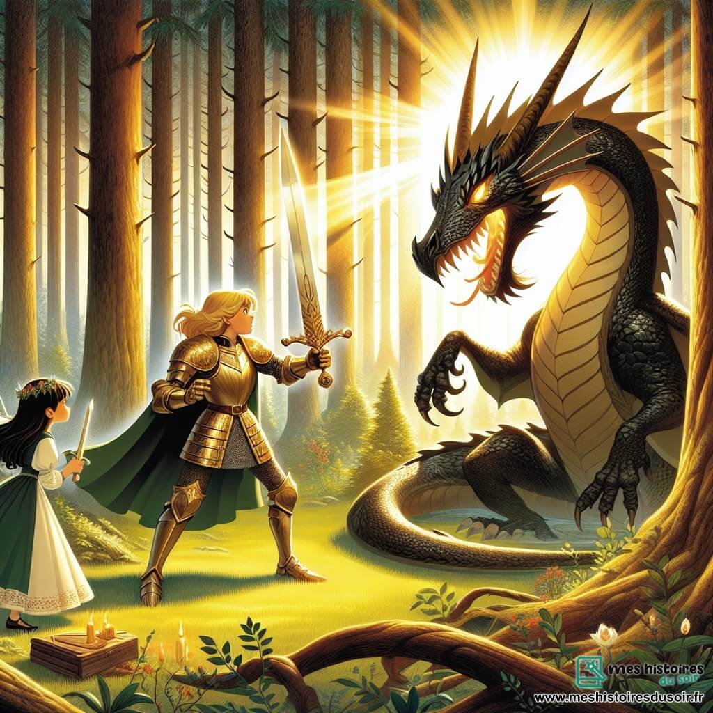 Une illustration sous forme de dessin destinée aux enfants représentant une clairière enchantée au cœur de la Forêt des Murmures, où un jeune chevalier aux cheveux d’or et aux yeux brillants, portant une armure étincelante et brandissant une épée légendaire, se tient courageusement face à un dragon colossal aux écailles noires, tandis qu'une jeune fille aux cheveux noirs, vêtue d'une robe verte, l'encourage avec un sourire déterminé, illustrant ainsi le moment décisif de leur combat pour sauver le royaume.