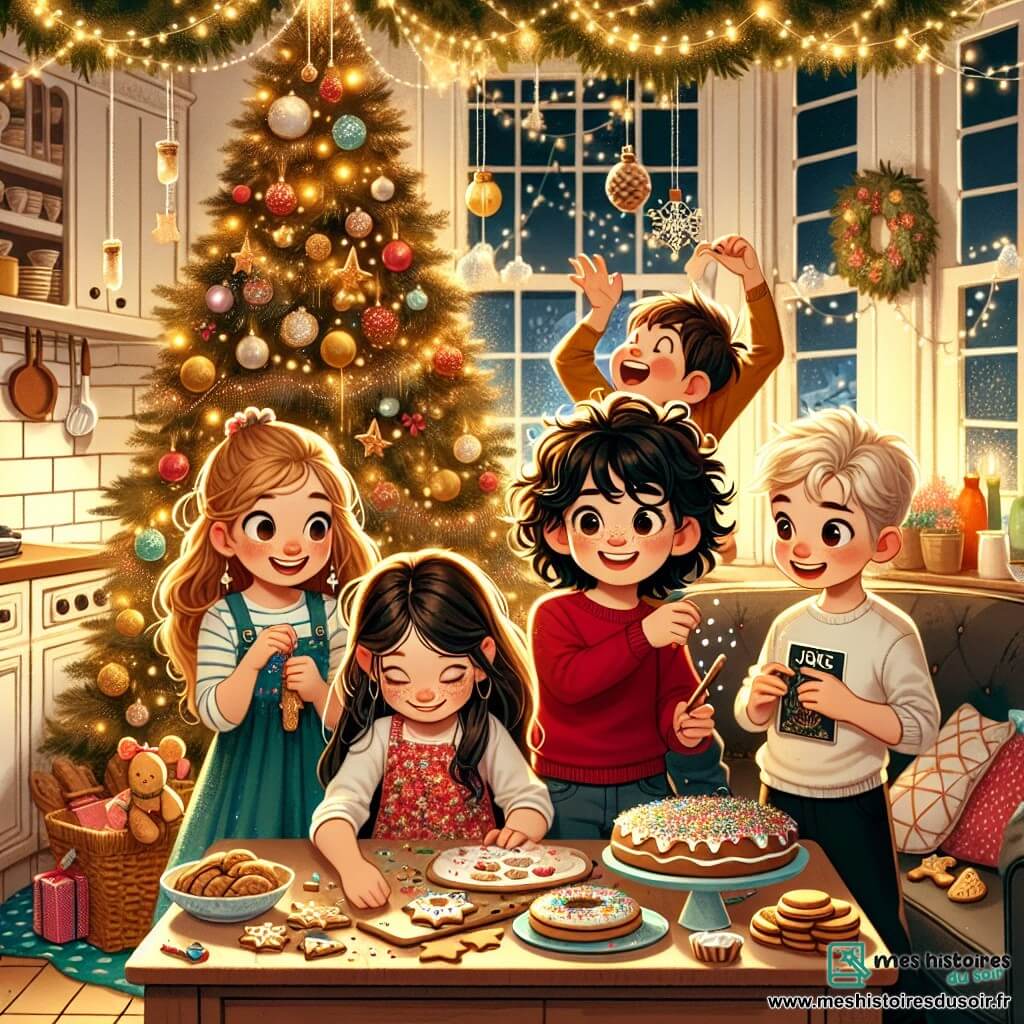 Illustration destinée aux enfants représentant une chaleureuse cuisine décorée pour la fête du Nouvel An, avec des guirlandes scintillantes et un grand sapin illuminé au centre. Un groupe d'enfants de 11 ans, composé de deux filles et un garçon, est en pleine préparation : une fille aux cheveux bruns et bouclés, portant un pull rouge, décore un biscuit en pain d'épices avec des paillettes colorées, tandis qu'un garçon aux cheveux blonds et courts, vêtu d'un t-shirt bleu, rit en essayant de cacher un petit dinosaure en plastique sous le canapé. À côté, une autre fille aux cheveux lisses et noirs, avec une robe à fleurs, tient un livre de blagues, prête à partager une nouvelle blague. L'atmosphère est joyeuse et festive, remplie de rires et de douceurs, avec des assiettes de biscuits et un gâteau au chocolat sur la table, créant une ambiance magique et conviviale.