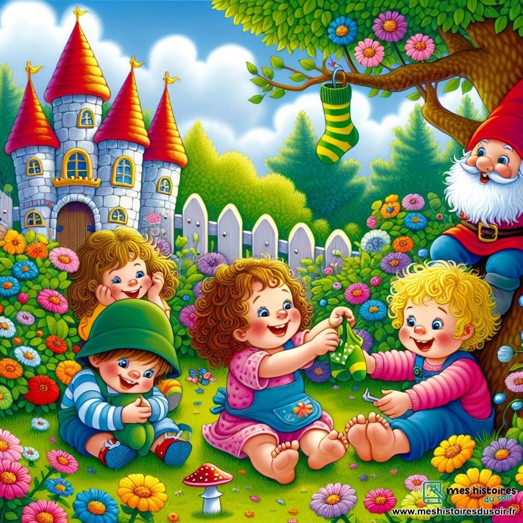 Une illustration sous forme de dessin destinée aux enfants représentant un jardin coloré avec des fleurs éclatantes et un petit château en plastique, où un groupe de quatre enfants de trois ans, deux filles aux cheveux bouclés et un garçon aux cheveux blonds, sont assis sur l'herbe, riant et cherchant une chaussette rayée verte accrochée à une branche d'arbre, tandis qu'un gnome de jardin jovial avec un chapeau rouge les observe avec un sourire amical, créant une atmosphère joyeuse et pleine de magie.