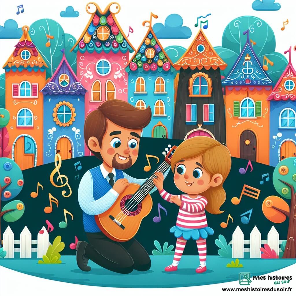 Une illustration destinée aux enfants représentant un homme musicien talentueux et sa fille espiègle, préparant une performance musicale dans le village coloré de Melodica, rempli de maisons aux toits en forme de notes de musique et d'arbres aux feuilles en forme d'instruments.
