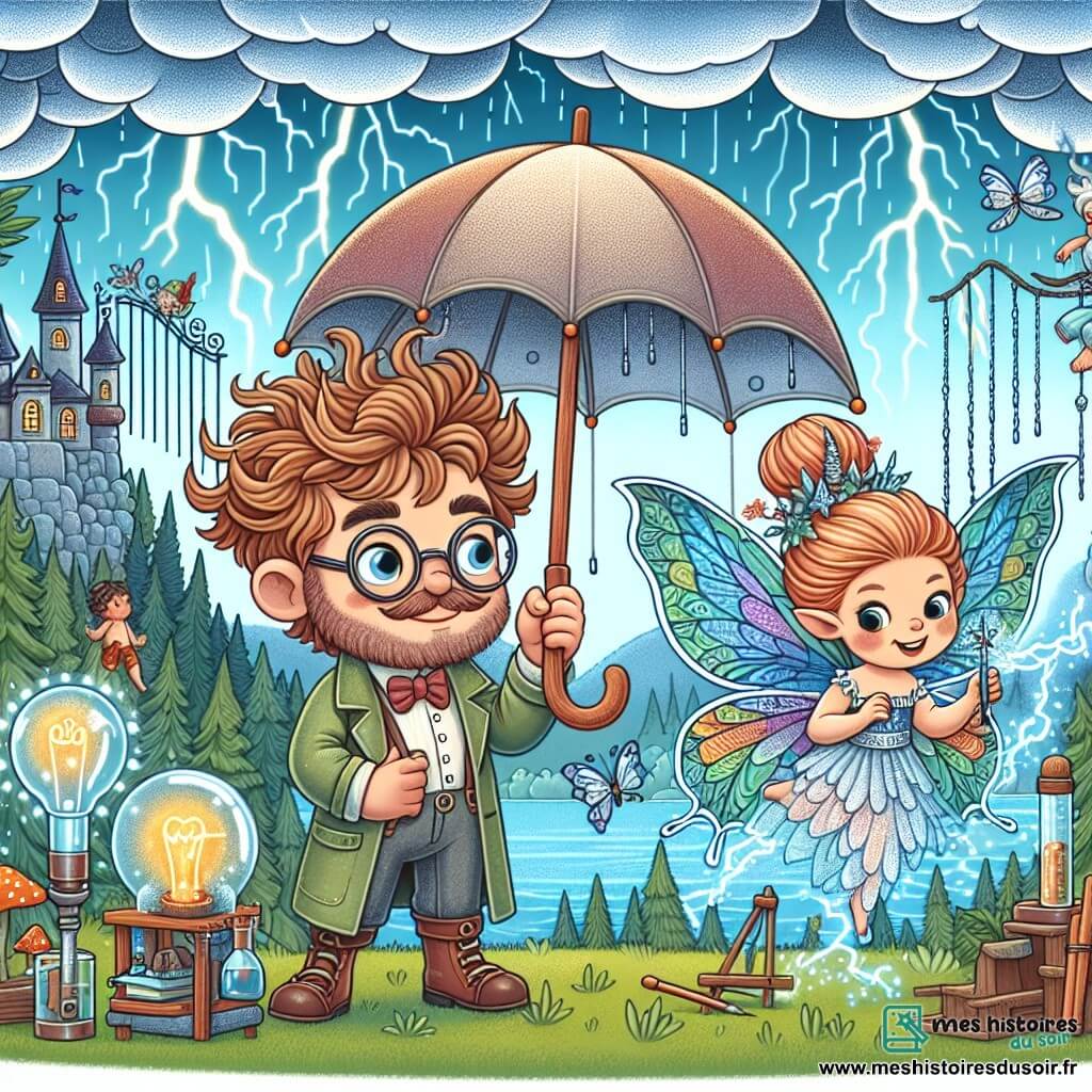 Une illustration destinée aux enfants représentant un inventeur farfelu aux cheveux en bataille testant son Parapluie magique sous un ciel zébré d'éclairs, accompagné d'une fée aux ailes scintillantes, dans un village reculé entouré d'une forêt mystérieuse.