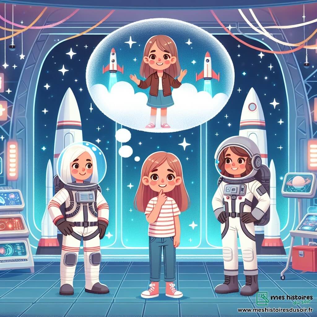 Une illustration destinée aux enfants représentant une jeune fille rêvant de devenir astronaute, accompagnée d'une astronaute femme, dans une base spatiale futuriste avec des fusées imposantes, des écrans lumineux et un ciel étoilé étincelant.